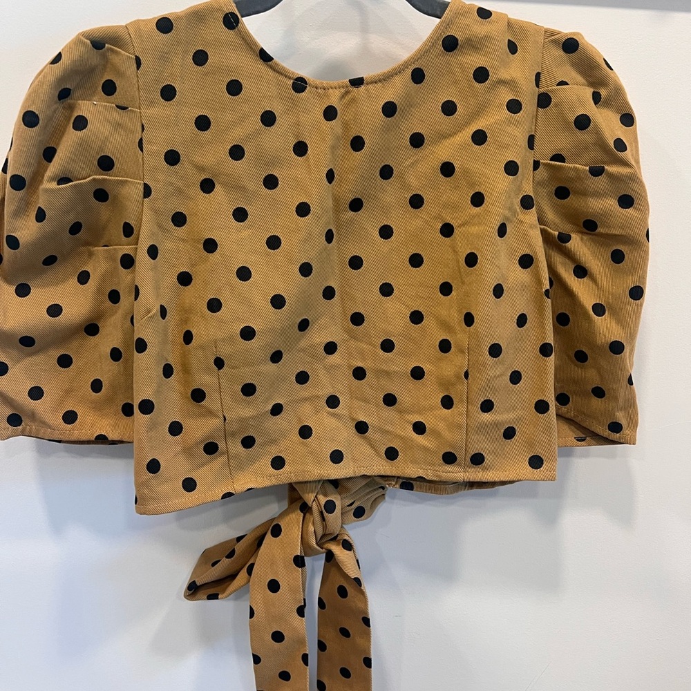Polka Dot Puff Sleeve Top - Tan and Black